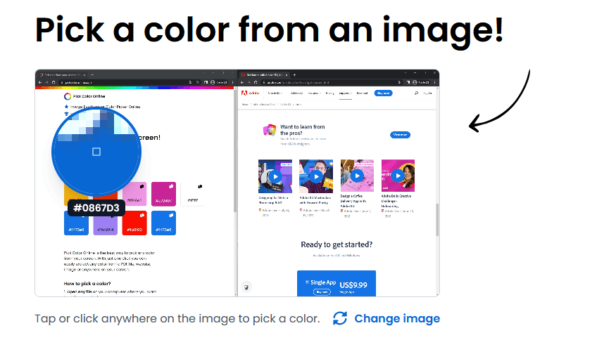 Preview of the image color picker, with a magnifier picking a color from an uploaded image.